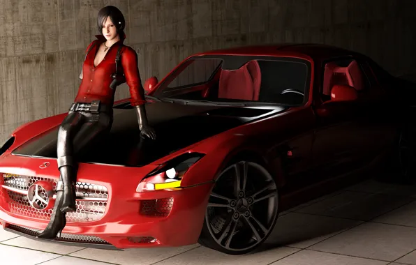 Картинка машина, девушка, SLS AMG, в красном, Mercedes Benz, Resident Evil, roadster, рендер, fan art, Ada