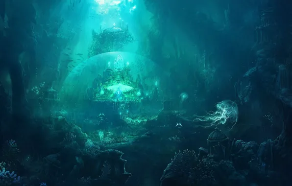 Картинка рыбы, город, медуза, руины, купол, под водой