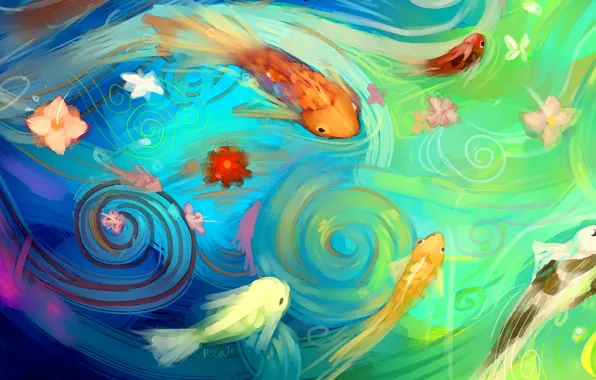 Картинка вода, рыбки, рыбы, цветы, абстракция, арт