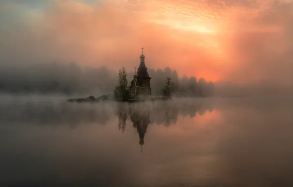 Картинка туман, река, церковь, дымка, Россия, Вуокса