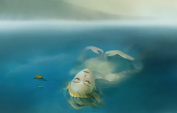 Картинка листья, вода, девушка, лицо, туман, озеро, волосы, лежит, game, слеза, ender's