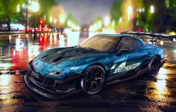 Картинка Mazda, Drift, Car, Blue, RX-7, Speedhunters, Nigth, YASIDdesign