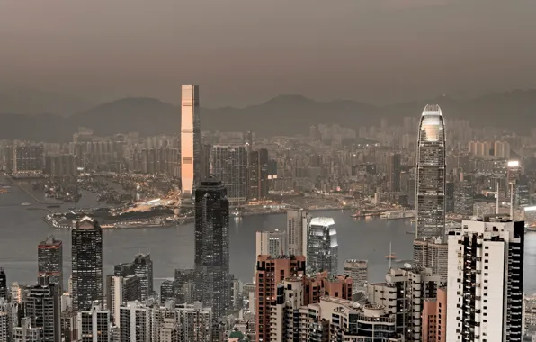 Картинка море, горы, Гонконг, небоскребы, порт, панорама, Китай, мегаполис