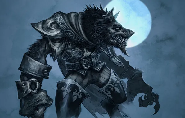 Картинка луна, волк, доспехи, World of Warcraft, Cataclysm, оборотень, wow, воргены