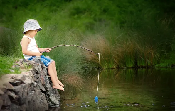 Картинка лето, река, рыбалка, мальчик
