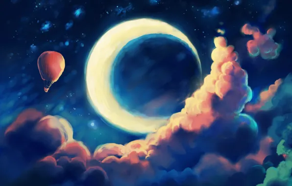 Картинка небо, облака, ночь, воздушный шар, фантазия, месяц, арт