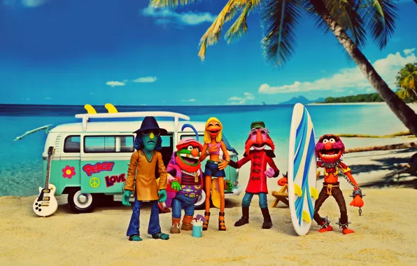 Картинка море, пляж, лето, небо, облака, солнечный, Animal, Janice, кокосовой пальмы, доски для серфинга, Volkswagen Transporter, …