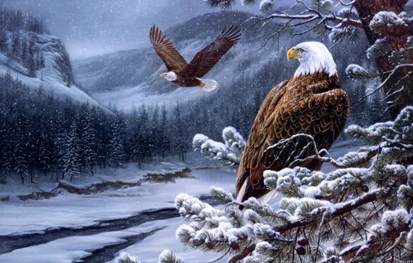 Картинка зима, лес, горы, орел, ели, орёл, живопись, орлы, шишки, river, сосна, winter, painting, eagles, Spirit …