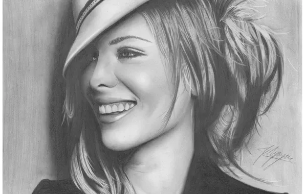 Картинка девушка, лицо, улыбка, рисунок, портрет, шляпа, актриса, Kate Beckinsale, карандаш