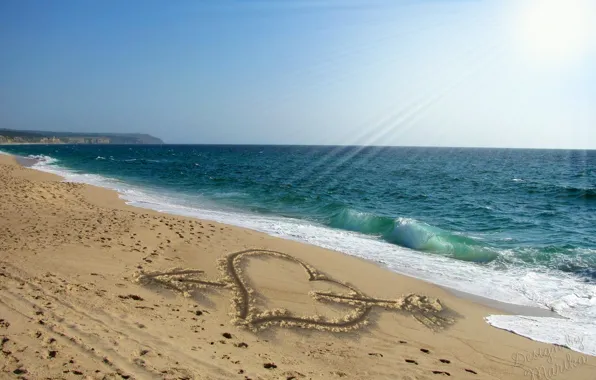 Картинка песок, пляж, любовь, романтика, сердце, рисунок, love, sunshine, beach, sea, heart, sand, design by Marika
