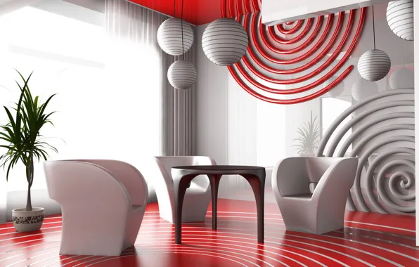 Картинка Красный, интерьер, кресла, столик