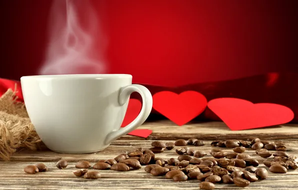 Картинка фон, сердце, кофе, сердца, пар, чашка, сердечки, красные, белая, напиток