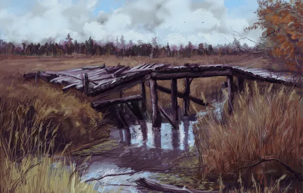Картинка осень, мост, чернобыль, речка, припять, зона, Сталкер 2