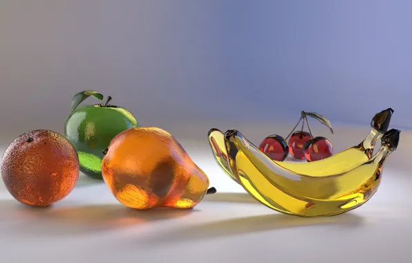 Картинка стекло, apple, яблоко, апельсин, бананы, груша, glass, вишни, orange, banana, pear, cherie