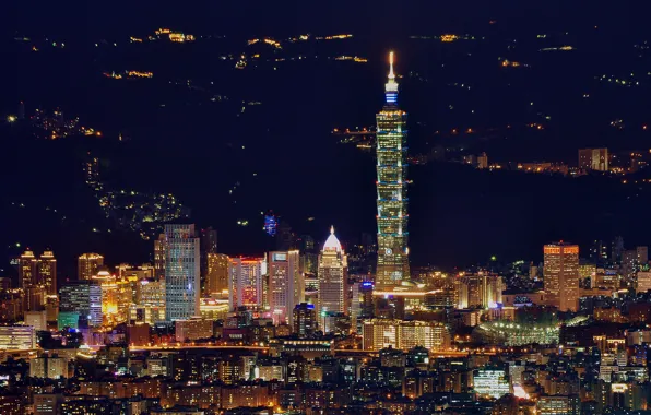 Картинка China, панорама, Китай, Тайвань, ночной город, Тайбэй, Taiwan, Taipei
