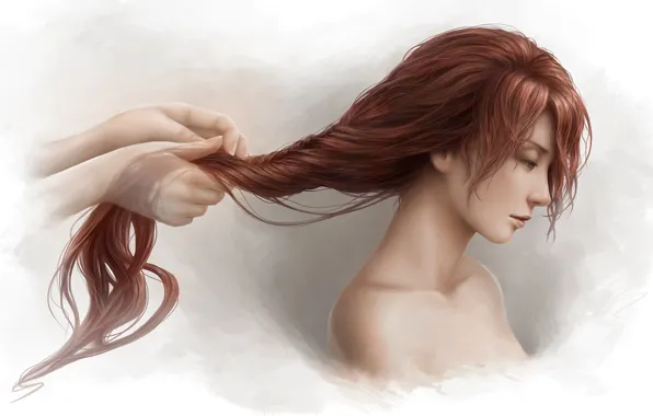 Картинка девушка, волосы, руки, прическа, живопись, art, Jason Peng
