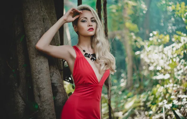 Картинка лес, девушка, поза, макияж, фигура, красное платье