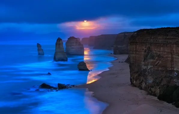 Картинка rock, beach, sky, sea, ocean, landscape, coast, nature, water, clouds, sun, sunrise, Australia, cliff, limestone, …
