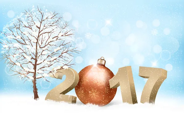 Картинка зима, снег, снежинки, ветки, сияние, фон, дерево, праздник, игрушка, графика, новый год, вектор, шарик, цифры, …