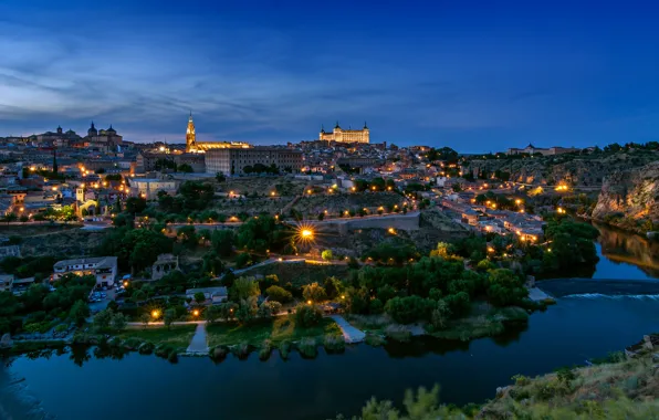 Картинка город, река, замок, здания, вечер, панорама, Испания, Толедо, Spain, архитектура., Toledo