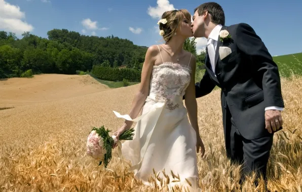 Картинка поле, поцелуй, пара, влюбленные, двое, невеста, свадьба, жених