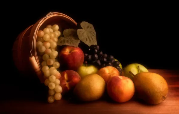 Картинка яблоки, виноград, фрукты, натюрморт, персики, груши