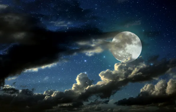 Картинка звезды, облака, ночь, луна, moon, night, clouds, stars, moonlight