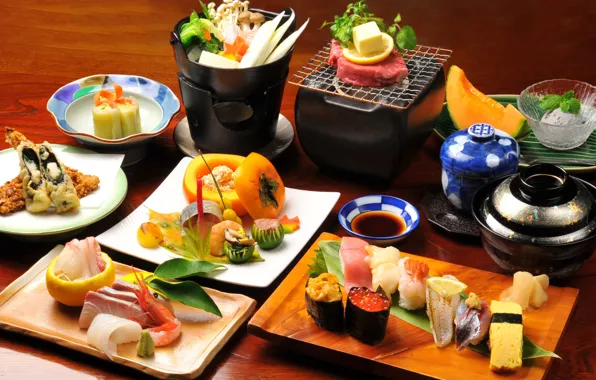 Картинка стол, грибы, мороженое, овощи, соус, японская еда, роллы, морепродукты, блюда, фондю