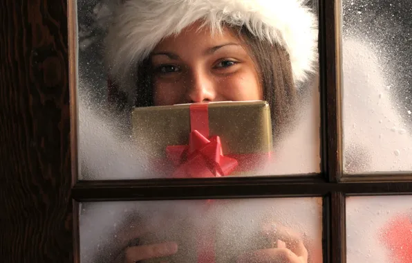 Картинка девушка, праздник, подарок, новый год, окно, new year