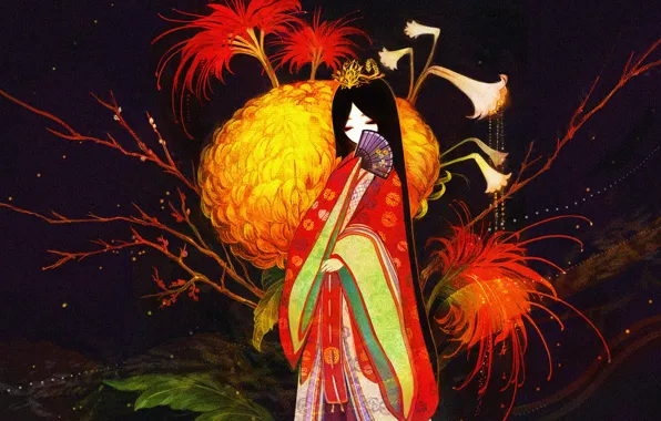 Картинка девушка, Рисунок, веер, кимоно, хризантемы