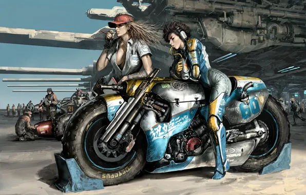 Картинка оружие, девушки, гонка, мотоцикл, ожидание, Арт