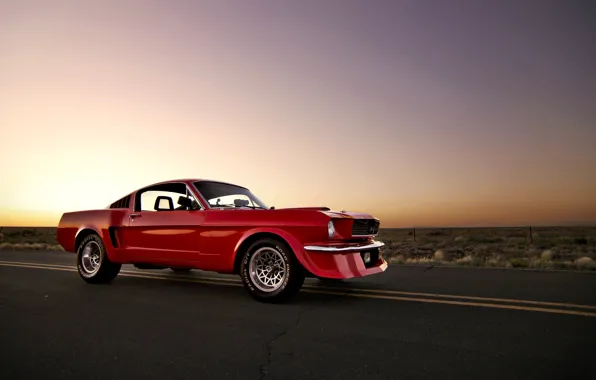 Картинка солнце, закат, красный, Mustang, Ford, мустанг, red, мускул кар, форд, muscle car, front