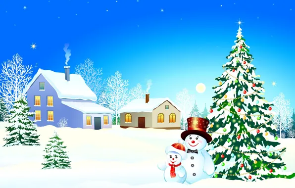 Картинка зима, снег, окна, дома, звёзды, сугробы, снеговик, ёлка, ёлочные украшения, дымок