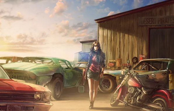 Картинка девушка, рисунок, Chevrolet, мотоцикл, свалка, амбар, art, old car, Rust graveyard, by c85