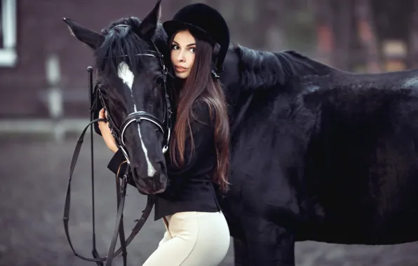 Картинка девушка, конь, черный, лошадь, макияж, фигура, прическа, шатенка, красотка, наездница, униформа, жокей, жокейка