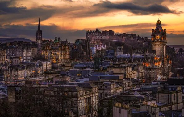 Картинка Шотландия, Великобритания, сумерки, Эдинбург, старый город, вечер. огни