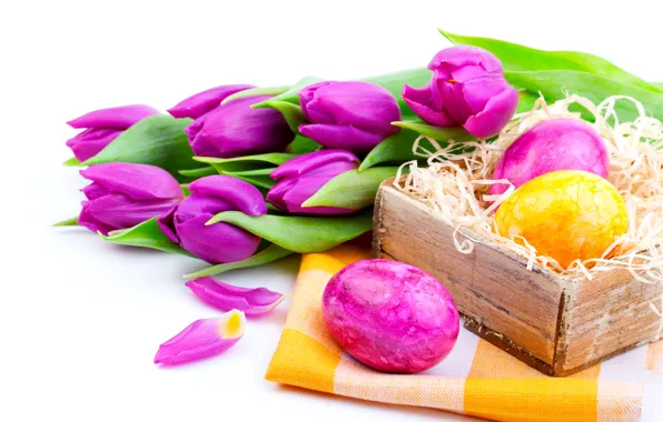 Картинка цветы, праздник, яйца, весна, Пасха, тюльпаны, сиреневые, пасхальные