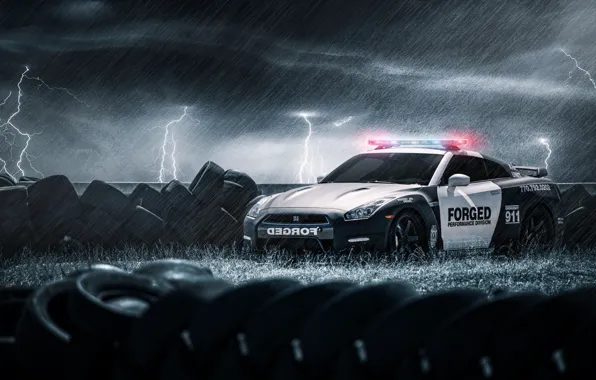 Картинка дождь, молнии, полиция, покрышки, шины, Nissan, GT-R, black, ниссан, police