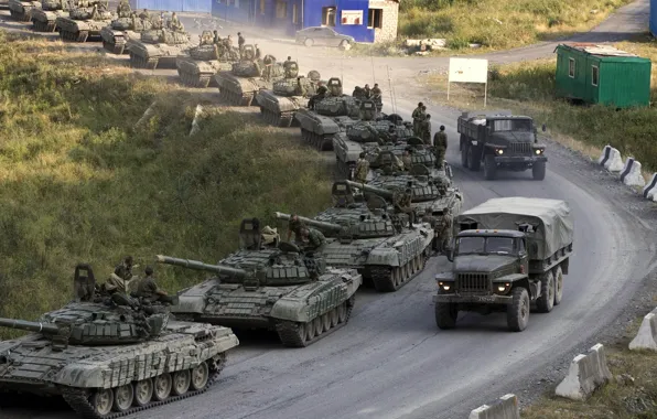 Картинка дорога, грузовики, война, Кавказ, Танки, Т-72, колонна танков