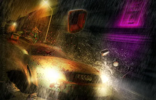 Картинка дождик, авто, ауди, скорость