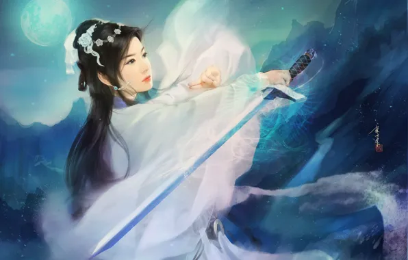 Картинка девушка, горы, ночь, луна, меч, арт, кимоно, азиатка