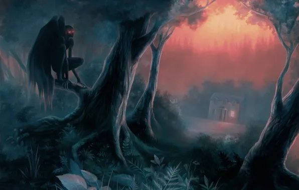 Картинка лес, деревья, ночь, дом, демон, арт