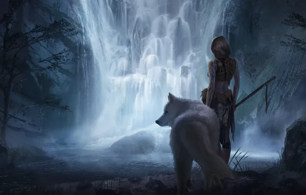 Картинка девушка, фантастика, животное, водопад, арт, белый волк