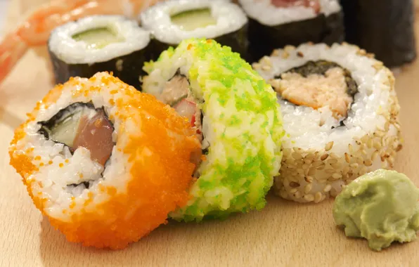 Картинка еда, рыба, рис, food, 1920x1200, sushi, суши, кунжут, fish, rice, wasabi, sesame, васаби