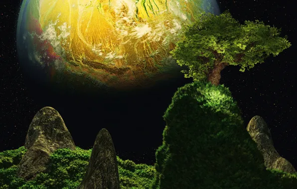 Картинка космос, дерево, скалы, планета, звёзды, space, rocks, stars, planet, Scott Richard, One tree