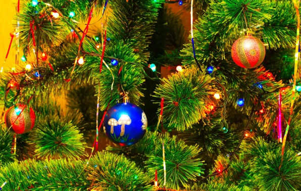 Картинка шарики, украшения, ветки, игрушки, елка, Новый Год, Рождество, гирлянда, Christmas, New Year, елочные, новогодние