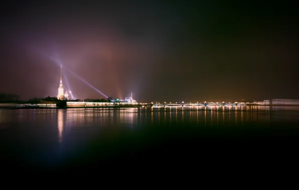 Картинка город, lights, огни, Санкт-Петербург, Нева, Neva, Петропавловская крепость St.petersburg