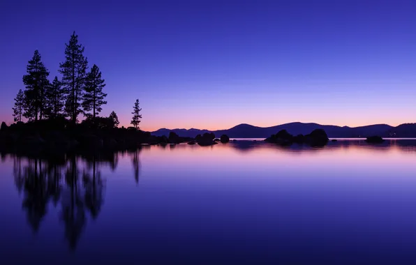 Картинка небо, вода, деревья, закат, оранжевый, озеро, гладь, отражение, синева, холмы, берег, вечер, США