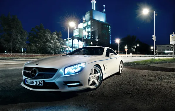 Картинка Mercedes-Benz, Glow, Lights, Night, White, Tuning, 2012 Car, Xenon, Graf Weckerle, SL 500