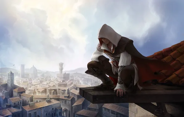 Картинка крыша, город, высота, Ezio, Assassin's Creed